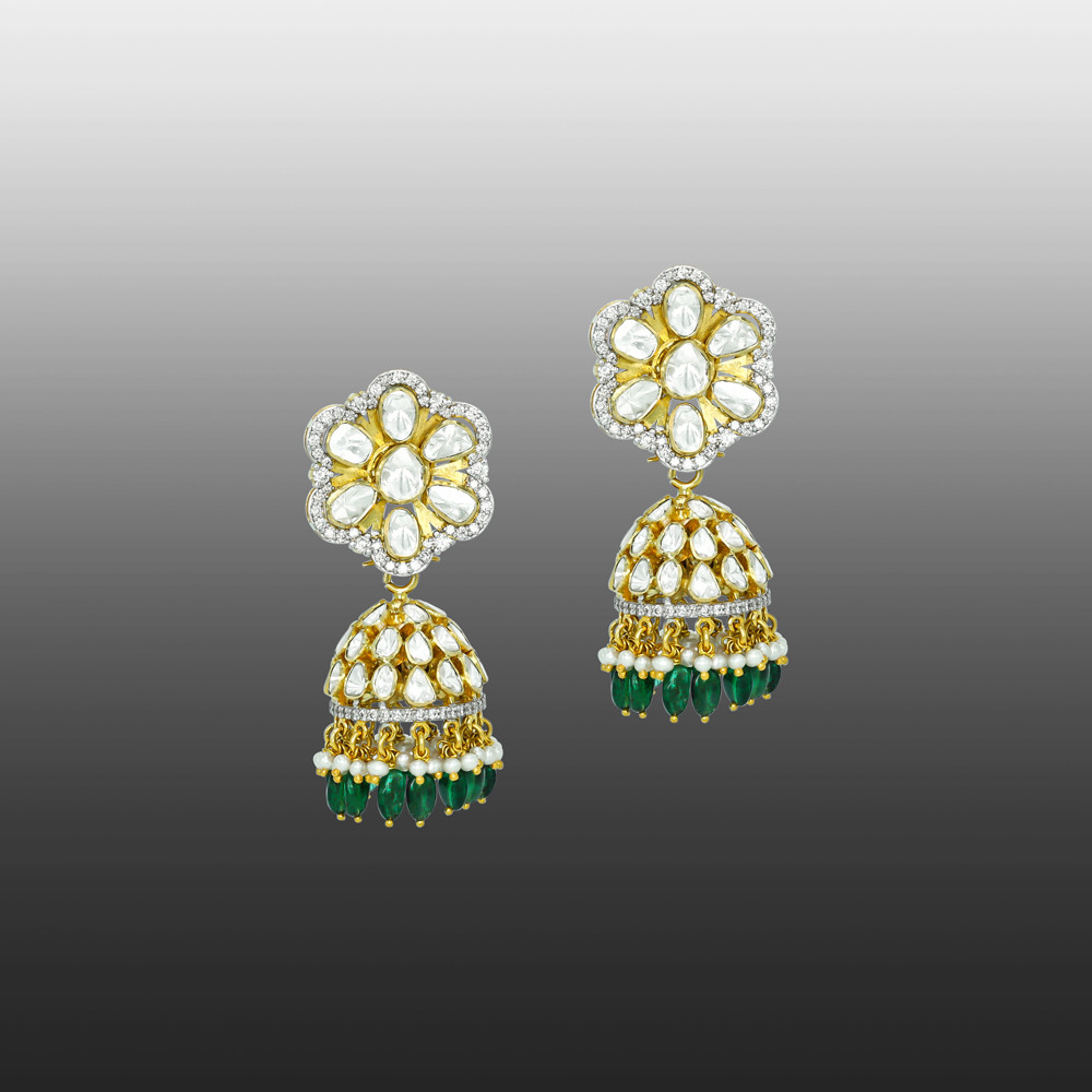 Floral Polki Jhumkis with Emerald Beads and Pearl Drops
